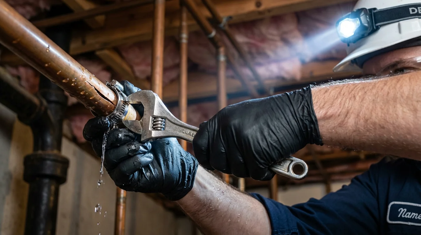 Emergency pipe clamp repair being performed by a Johns Plumbing LLC plumber in Paulsboro