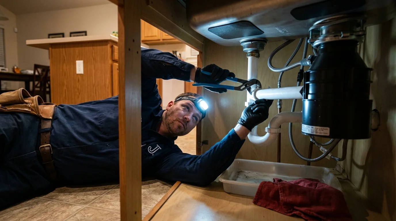 P-trap and supply line connections under a kitchen sink showing a common leak point in Paulsboro, NJ